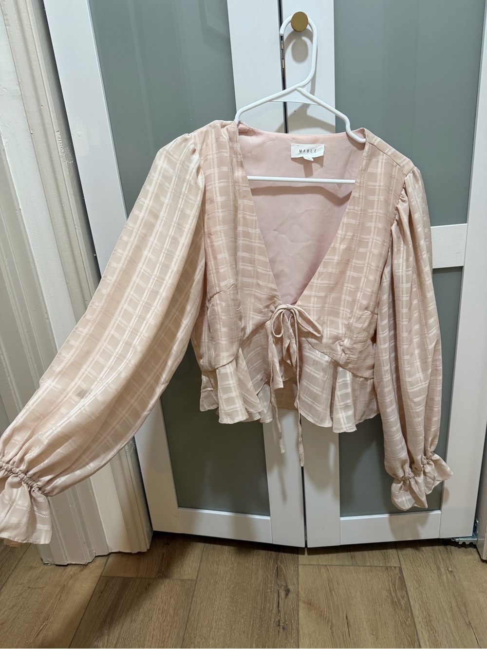 MARBLE Blush Pink Tie-Front Peplum Blouse